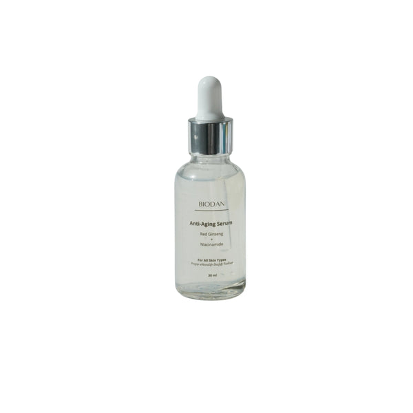 BioDan Anti Aging Serum bottle with dropper, red ginseng and niacinamide formula in clear water
